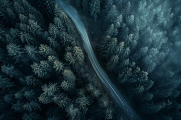Aufkleber - Aerial top view, mountaint road in dark green forest,