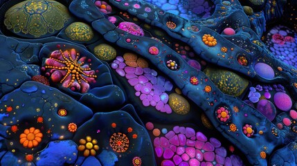 High magnification micrograph of a biological sample displaying a complex cellular structure with vivid stained cells and intricate nanostructures captured using cutting-edge microscopy techniques