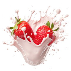 Wall Mural - strawberry falling into milk splash isolated on transparent white background, clipping path