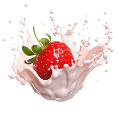 Wall Mural - strawberry falling into milk splash isolated on transparent white background, clipping path