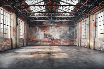 Poster - Industrial loft style empty old warehouse interior,brick wall,concrete floor and black steel roof structure
