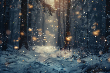 Poster - snow falling at night in a snowy dark forest with lights and stars 