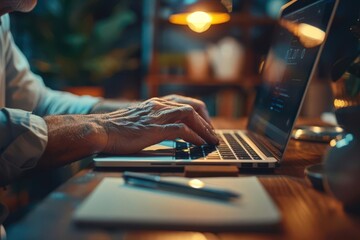 Mans fingers on a laptop trackpad, notebook and pen nearby, photorealistic, work from home, focus and productivity