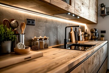 Modern kitchen interior design with wooden countertop, sink and shelves with spices.