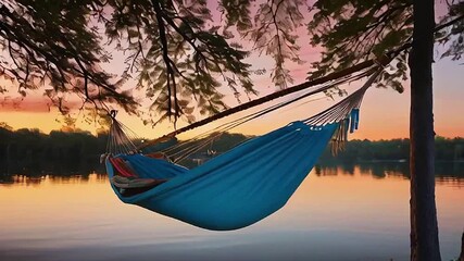 Wall Mural - hammock by the lake with sunrise in the background.Seamless 4k time lapse virtual video animation background
