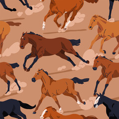 Poster - Horse pattern, seamless equine animal background. Galloping, racing, running wild herd in action, repeating print, endless texture for fabric, wallpaper and wrapping design. Flat vector illustration
