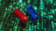 © Keitma - Choice between a red pill and a blue pill concept image on a green data background , choose or select symbol