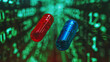 © Keitma - Choice between a red pill and a blue pill concept image on a green data background , choose or select symbol