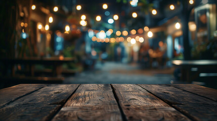 Poster - Empty wooden table top with a blurred bar background for product display