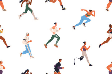 Poster - Seamless pattern, jogging and running characters. Diverse runners, joggers, sport activity, training, endless background. Repeating print, active people. Flat vector illustration for wrapping, textile