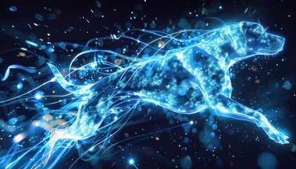 Wall Mural - Blue Digital Dog Running Through Space With Bright Lights