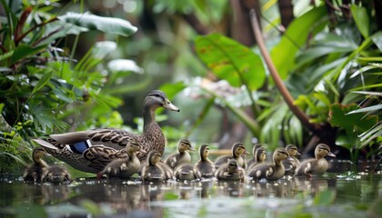 A Mother Duck Leads Her Ducklings Through Lush Greenery