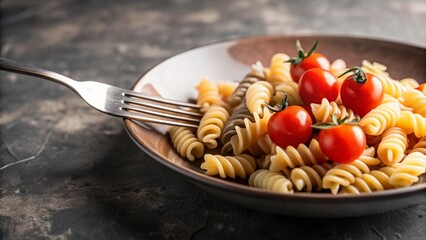 Wall Mural - front view rotini pasta with cherry tomato on fork