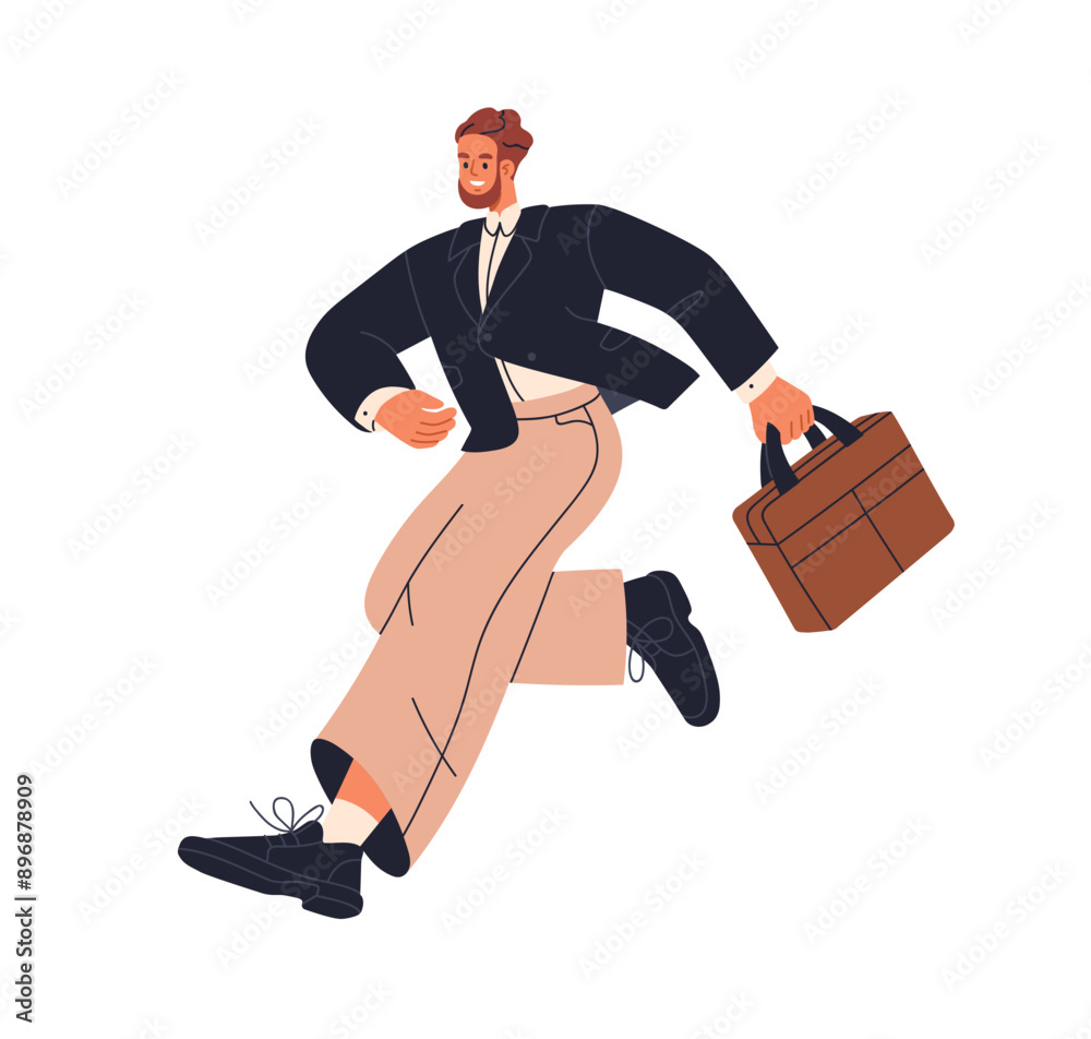 Worker Rushing Happy busy businessman hurrying. Young entrepreneur running fast with ...