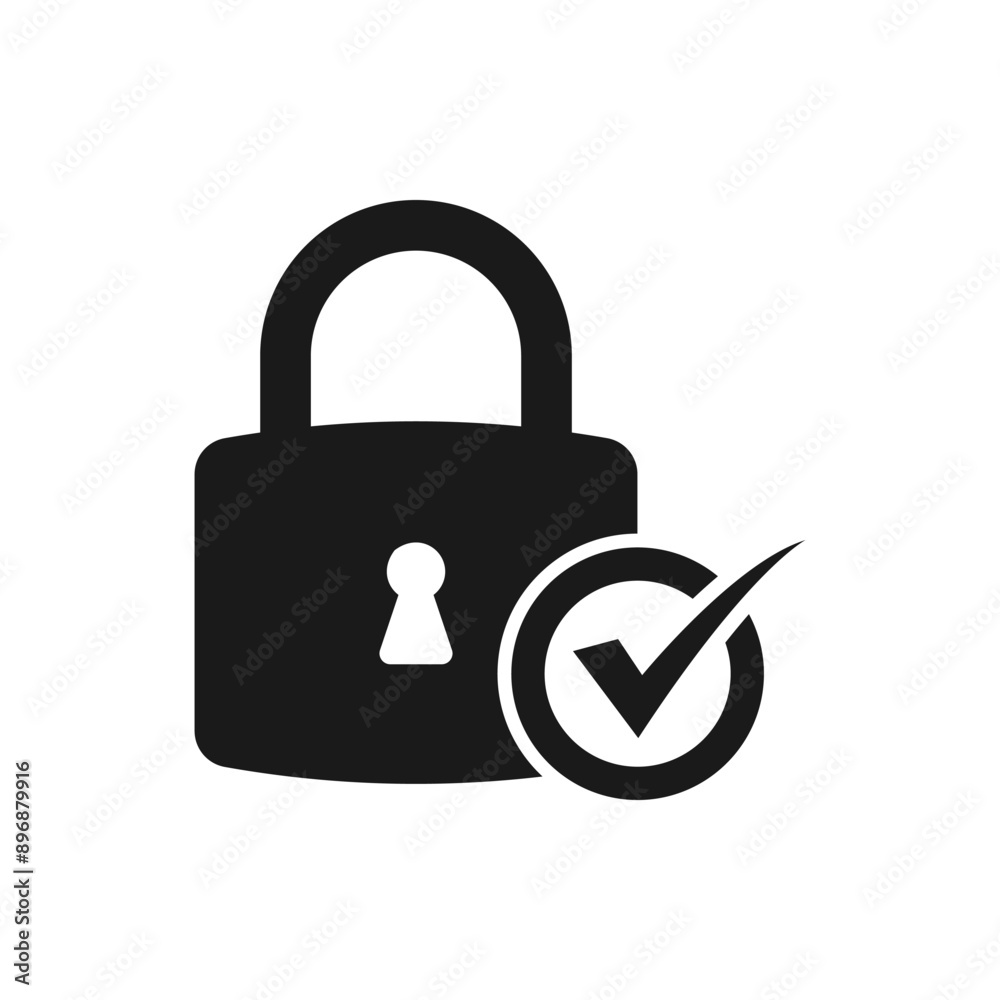 Padlock with checkmark. Secure lock, safety icon flat style isolated on ...