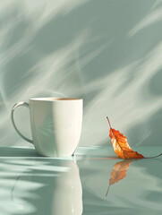 Poster - Aesthetic vertical wallpaper with a white cup and dried orange leaf, sunlight creating linear shadow patterns