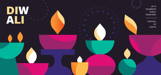 Wall Mural - Happy Diwali Hindu festival modern design with diya oil lamps. Vector illustration for greeting card, poster, cover, banner.