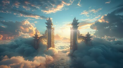 Wall Mural - breathtaking image of a heavenly gateway above the clouds, bathed in a radiant sunrise. the majestic
