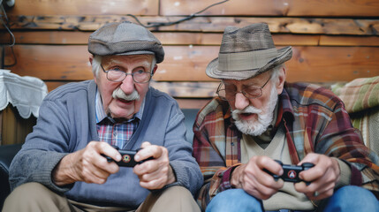 copy space, stockphoto, 2 seniors playing a video game, competition. Elderly gay couple playing on an modern game console. Senior gay couple playing online computer games. Front view.