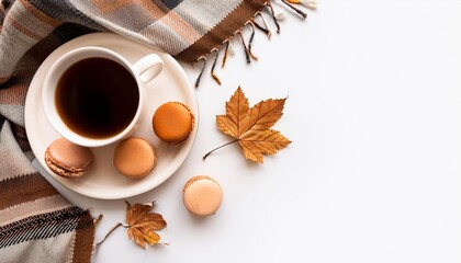 Wall Mural - Cozy Autumn: Coffee, Macaroons, and Plaid with Dried Leaves