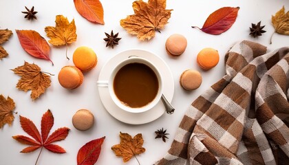 Wall Mural - Cozy Autumn: Coffee, Macaroons, and Plaid with Dried Leaves