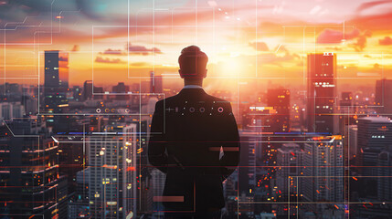 Businessman in suit standing with back to camera looking at cityscape from high building