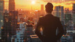 © 沈军 贡 - Businessman in suit standing with back to camera looking at cityscape from high building