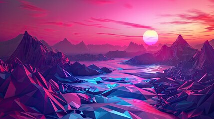 Poster - Futuristic 3D digital landscape with vibrant geometric patterns