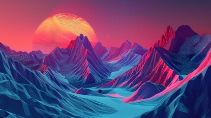 Poster - Futuristic 3D digital landscape with vibrant geometric patterns