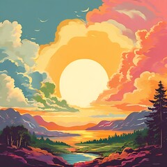 Sticker - hippie-landscape-poster-clouds-sun-and-rainbow-vintage-style-print