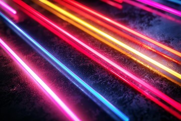 Poster - Colorful neon lines glowing intensely against a black textured background, creating a modern abstract look