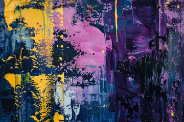 Poster - Colorful and vibrant abstract acrylic painting with bold brushstrokes and a mix of purple. Yellow. And blue on canvas. Creating a modern and contemporary artwork for wall decor and gallery decoration