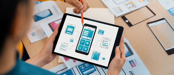 Poster - panorama banner of startup ux developer or company employee design user interface or ui prototype fo