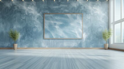 Modern minimalist living room with large blank canvas, wood floor, and blue textured wall.