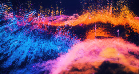 Poster - Abstract moving futuristic landscape of particles and dots of energy magic with glow and blur effect, abstract background