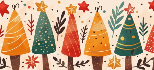 Canvas Print - Delicate handdrawn Christmas trees create a cozy holiday vibe, perfect for cards and decorations this festive season.