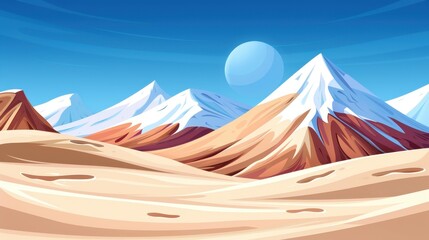 Canvas Print - A tranquil digital art scene depicting a vast desert with rolling sand dunes and majestic snowy mountains in the background.