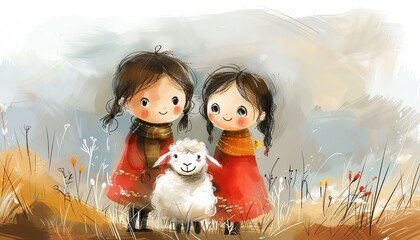 Celebrate Eid alAdha with art Illustration featuring two little girls and a sheep, capturing the joy and cultural essence of the holiday in a simple yet evocative style