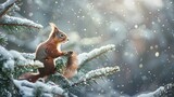 Red squirrel on spruce branch looking at delicious cone winter forest with snowy trees and snowfall