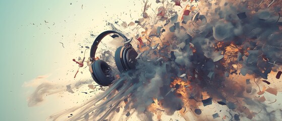 Canvas Print - Headphones Exploding In A Cloud of Smoke.