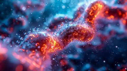 Poster - Abstract depiction of glowing DNA strands with vibrant blue and red colors on a blurred background. Concept of genetics and molecular science