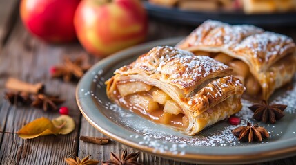 Wall Mural - Two pieces of apple strudel decorated serve on a plate