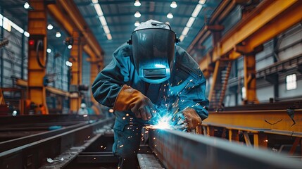 intense focus of a welder clad in safety gear, including a protective mask and gloves, working on a steel structure in a factory setting