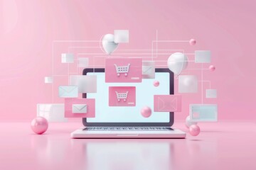 Poster - Minimalist design with a laptop screen and online advertising elements on a soft background