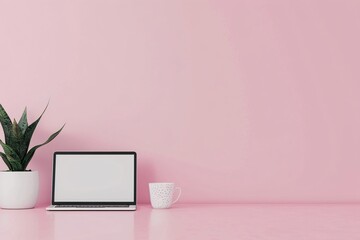 Poster - Minimalist design with a laptop screen and online advertising elements on a soft background