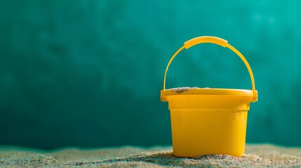 yellow kids bucket for sand play on the sea Isolated on green background