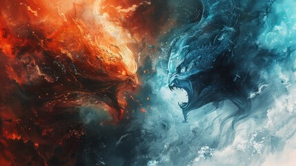 Wall Mural - Epic Battle of Good and Evil in Mythical Landscape - Abstract High-Resolution Image with Contrasting Colors