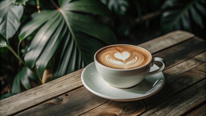 Close-up of hot cappuccino in white cup with heart-shaped latte art. It sits on an old light brown wooden table in a cozy coffee shop