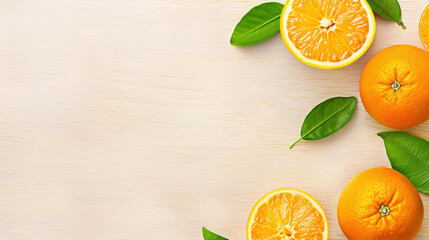 Poster - Bright fresh oranges on leaves with a wooden backdrop. Top view shot with room for text.