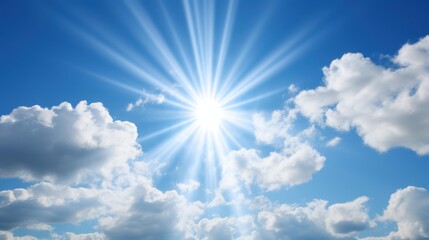 Poster - Relaxing scene of fluffy white clouds under a bright blue sky with sunbeams shining down.